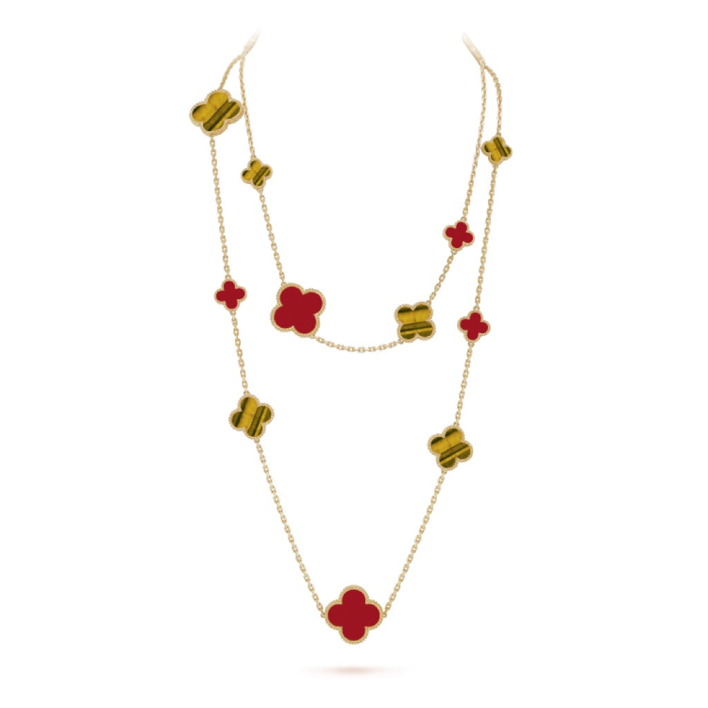 [Basjewels]CLOVER 16 MOTIF CARNELIAN TIGER EYE ROSE GOLD NECKLACE