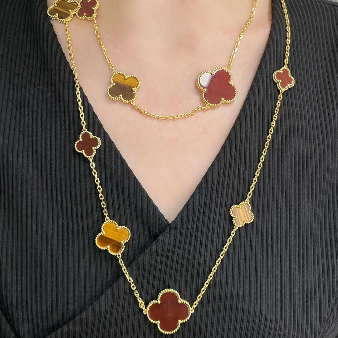 [Basjewels]CLOVER 16 MOTIF CARNELIAN TIGER EYE ROSE GOLD NECKLACE