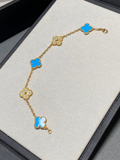 [Basjewels]CLOVER 5 MOTIF BLUE CHALCEDONY DIAMOND GOLD BRACELET