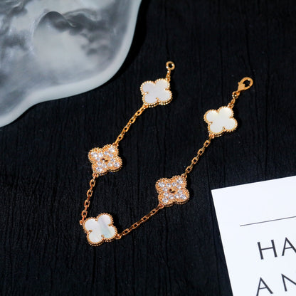 [baslovejewels]CLOVER BRACELET 5 MOTIF WHITE MOP DIAMOND