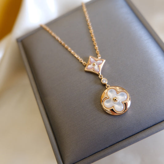 [Basjewels]STAR AND SUN WHITE MOP 2 MOTIF PINK GOLD NECKLACE