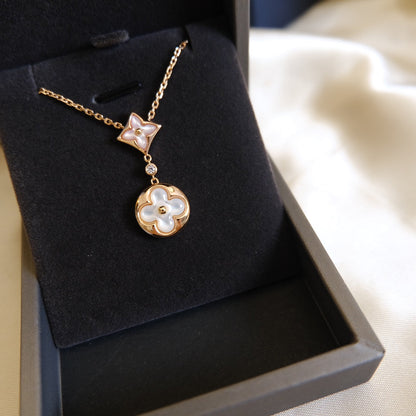 [Basjewels]STAR AND SUN WHITE MOP 2 MOTIF PINK GOLD NECKLACE