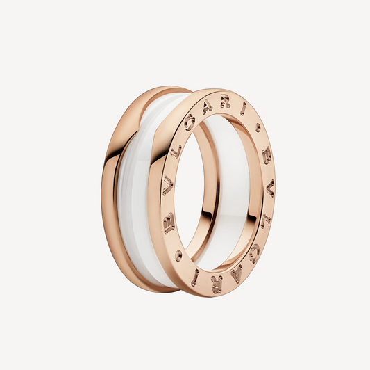 [Basjewels]ZERO 1 TWO-BAND LOOPS AND WHITE CERAMIC SPIRAL PINK GOLD RING