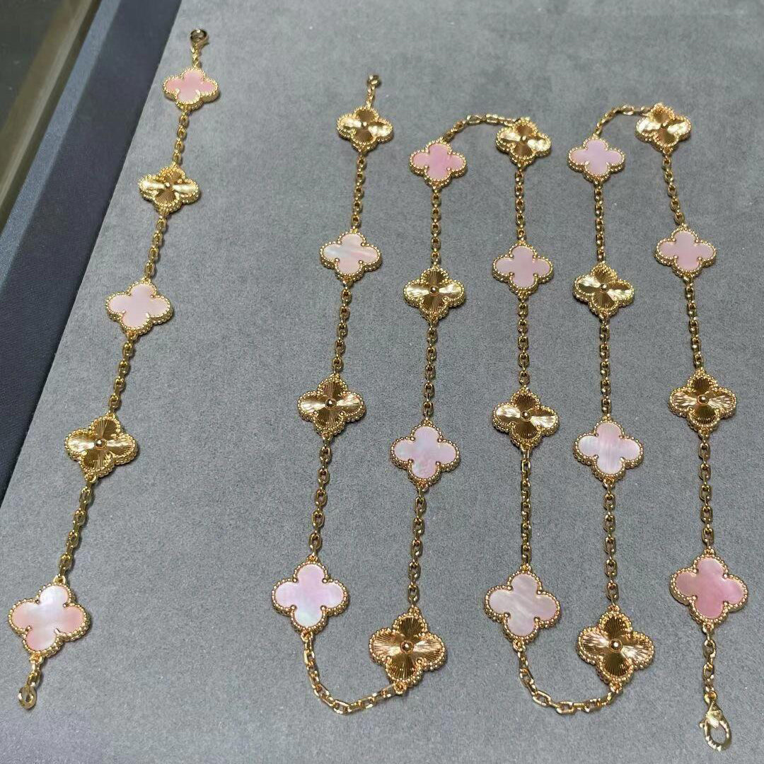 [baslovejewels]CLOVER 20 MOTIFS LASER PINK MOP NECKLACE