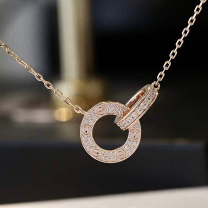 [Basjewels]LOVE 7.6MM NECKLACE ROSE GOLD AND SILVER  FULL DIAMOND