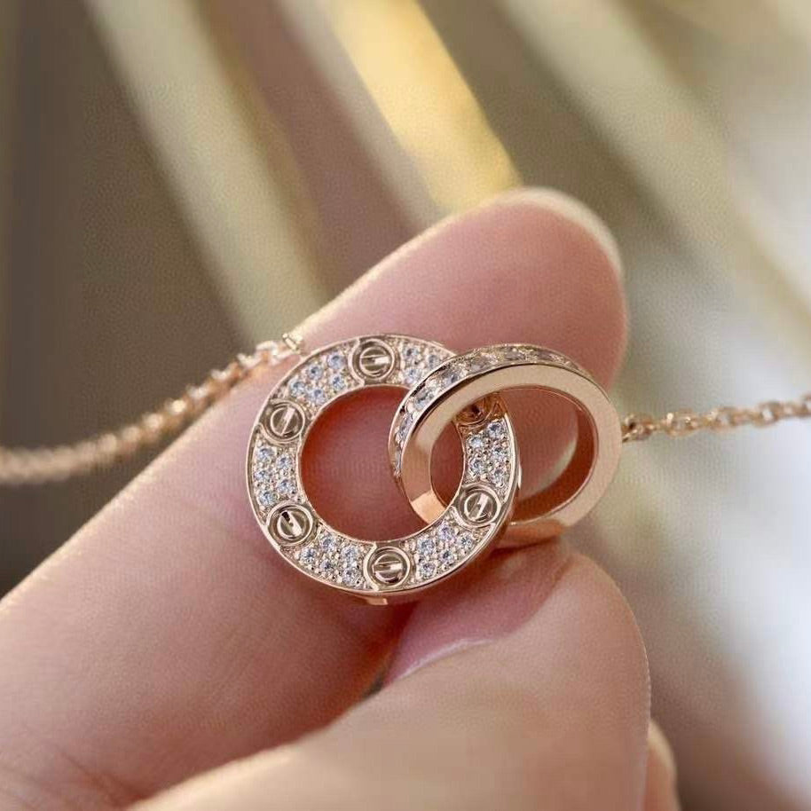 [Basjewels]LOVE 7.6MM NECKLACE ROSE GOLD AND SILVER  FULL DIAMOND