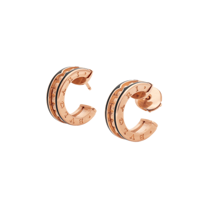 [Basjewels]ZERO 1 ROCK PINK GOLD EARRINGS WITH STUDDED SPIRAL AND BLACK CERAMIC