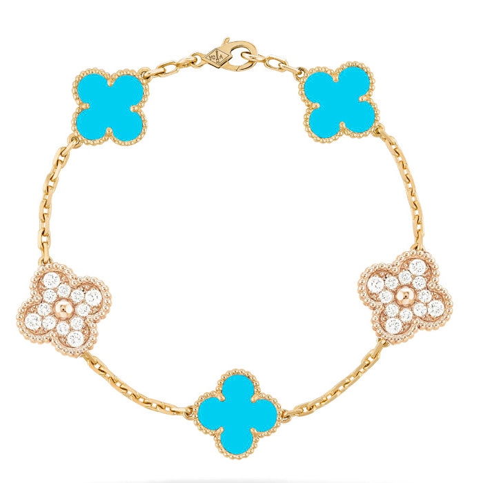 [Basjewels]CLOVER 5 MOTIF TURQUOISE DIAMOND GOLD BRACELET