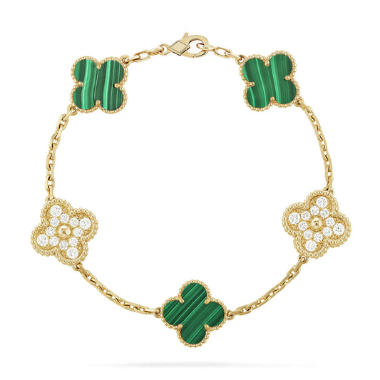 [Basjewels]CLOVER 5 MOTIF MALACHITE DIAMOND BRACELET