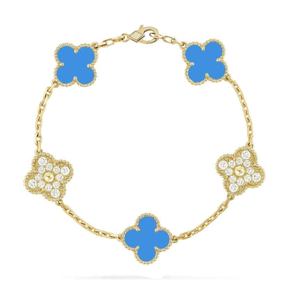 [Basjewels]CLOVER 5 MOTIF BLUE CHALCEDONY DIAMOND GOLD BRACELET