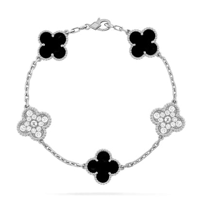 [Basjewels]CLOVER 5 MOTIF ONYXS DIAMOND BRACELET SILVER