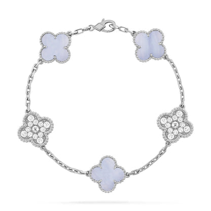 [Basjewels]CLOVER  5 MOTIF DIAMOND PURPLE CHALCEDONY BRACELET SILVER