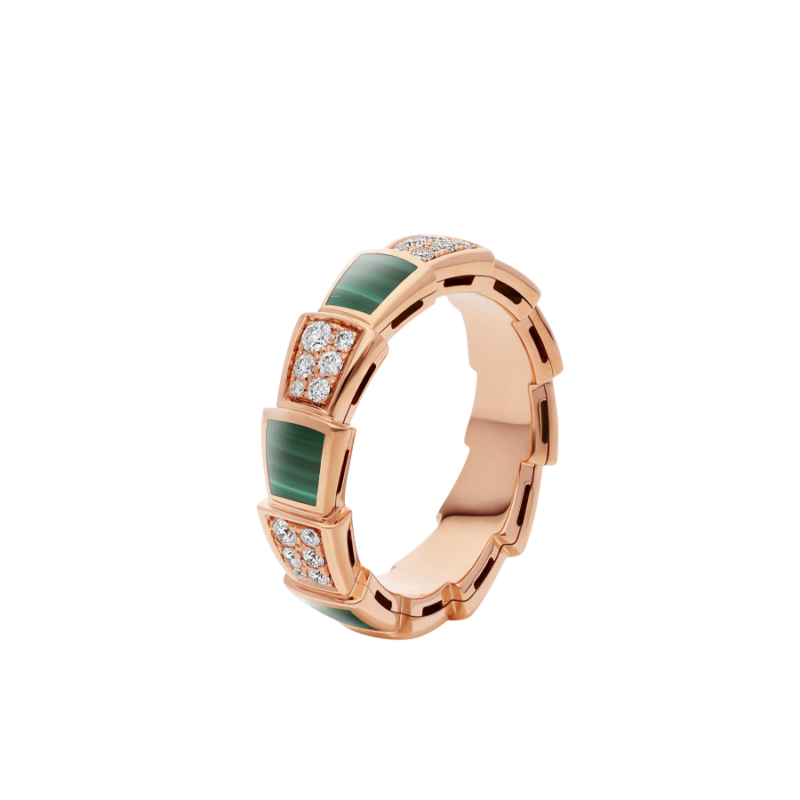 [Basjewels]SERPENTI RING PINK GOLD MALACHITE DIAMOND PAVED 4MM