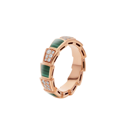 [Basjewels]SERPENTI RING PINK GOLD MALACHITE DIAMOND PAVED 4MM