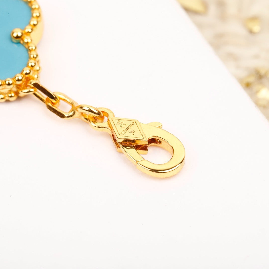 [Basjewels]CLOVER 5 MOTIF TURQUOISE DIAMOND GOLD BRACELET