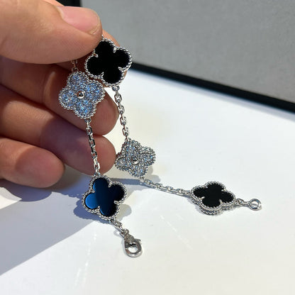 [baslovejewels]CLOVER 5 MOTIF ONYXS DIAMOND BRACELET SILVER