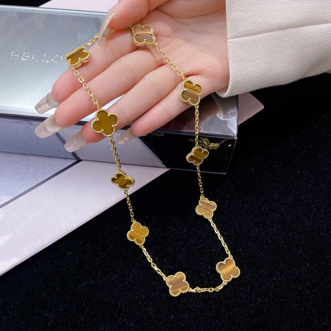 [baslovejewels]CLOVER 10 MOTIFS TIGER EYE NECKLACE