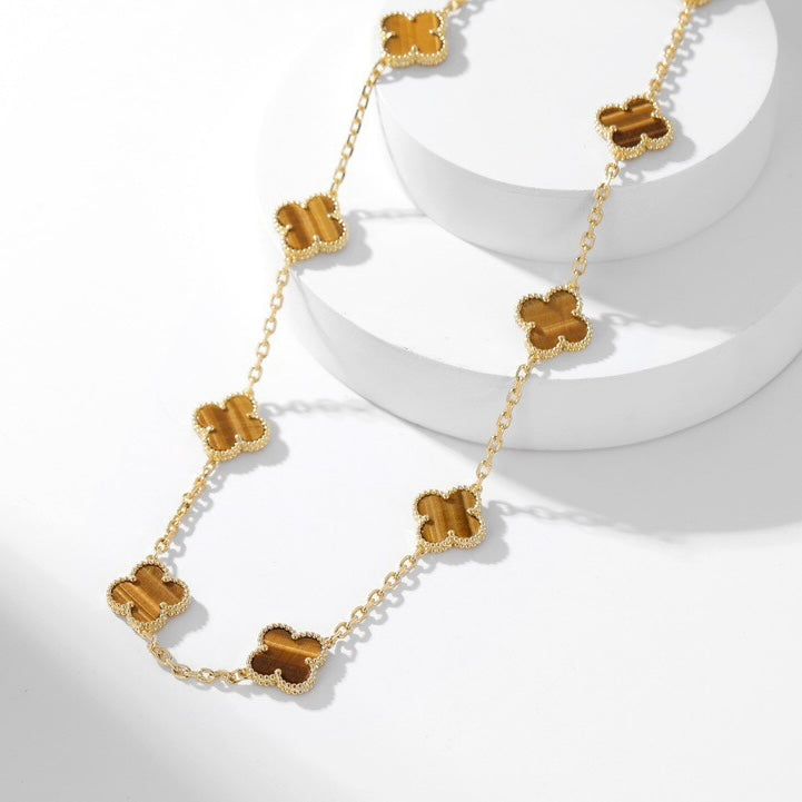 [Basjewels]CLOVER 10 MOTIFS TIGER EYE NECKLACE