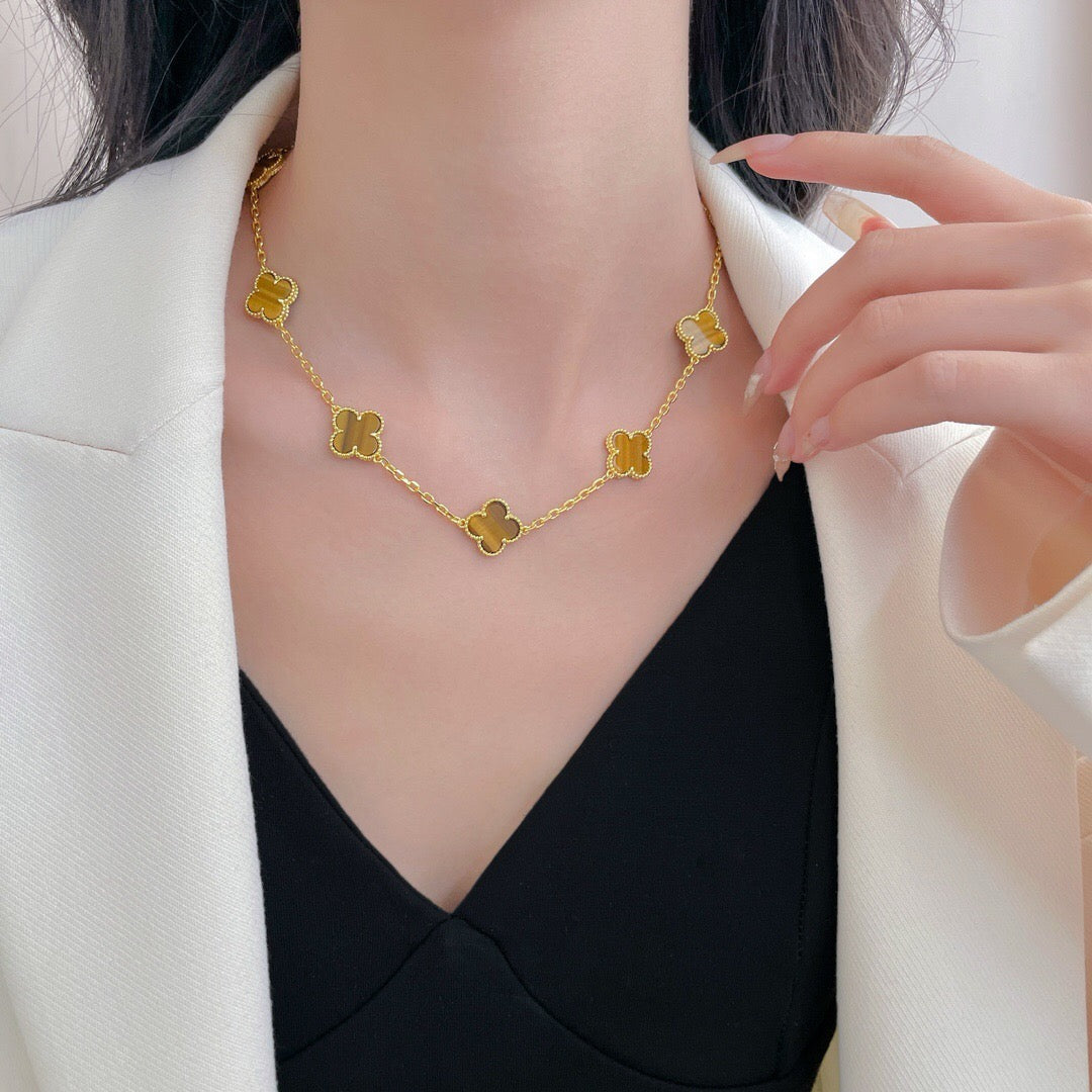 [baslovejewels]CLOVER 10 MOTIFS TIGER EYE NECKLACE
