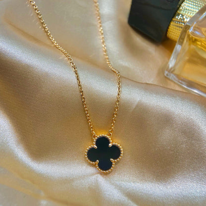 [Basjewels]CLOVER 15MM BLACK ONYX SINGLE FLOWER NECKLACE