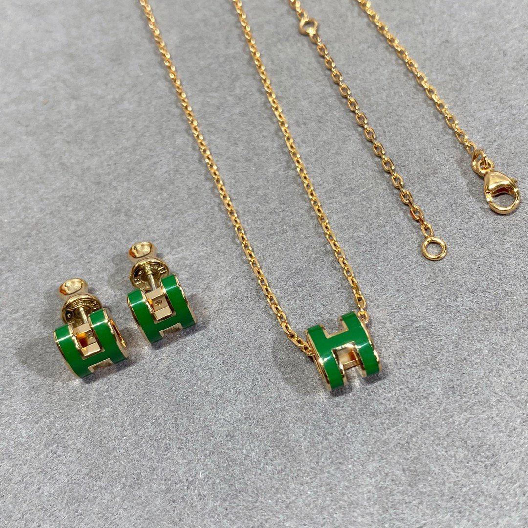 [Basjewels]POP H GREEN NECKLACE SILVER AND GOLD