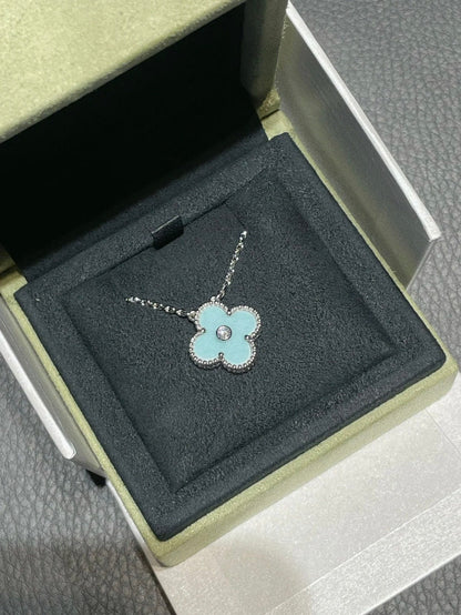 [Basjewels]CLOVER 1 DIAMOND LIGHT BLUE SILVER NECKLACE