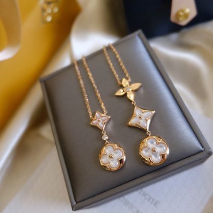 [baslovejewels]COLOR BLOSSOM LARIAT NECKLACE PINK GOLD WHITE MOTHER PEARL AND DIAMOND