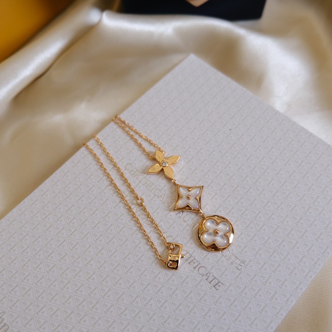 [baslovejewels]COLOR BLOSSOM LARIAT NECKLACE PINK GOLD WHITE MOTHER PEARL AND DIAMOND
