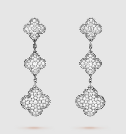 [Basjewels]CLOVER 3 MOTIF DIAMOND SILVER DROP EARRINGS