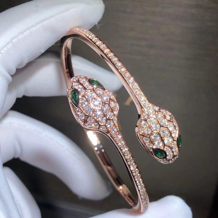 [Basjewels]SERPENTI BRACELET PINK GOLD MALACHITE DIAMOND DOUBLE SNAKE