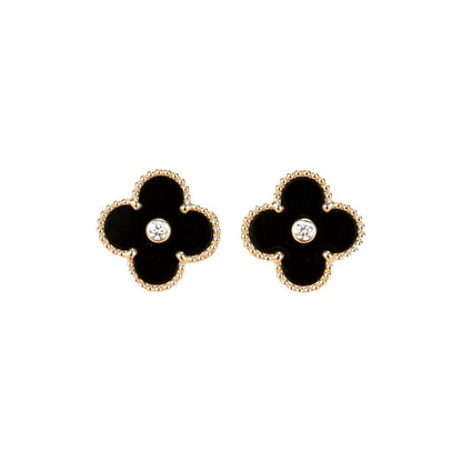 [Basjewels]CLOVER MEDIUM 1 MOTIFS ONYX DIAMOND EARRINGS