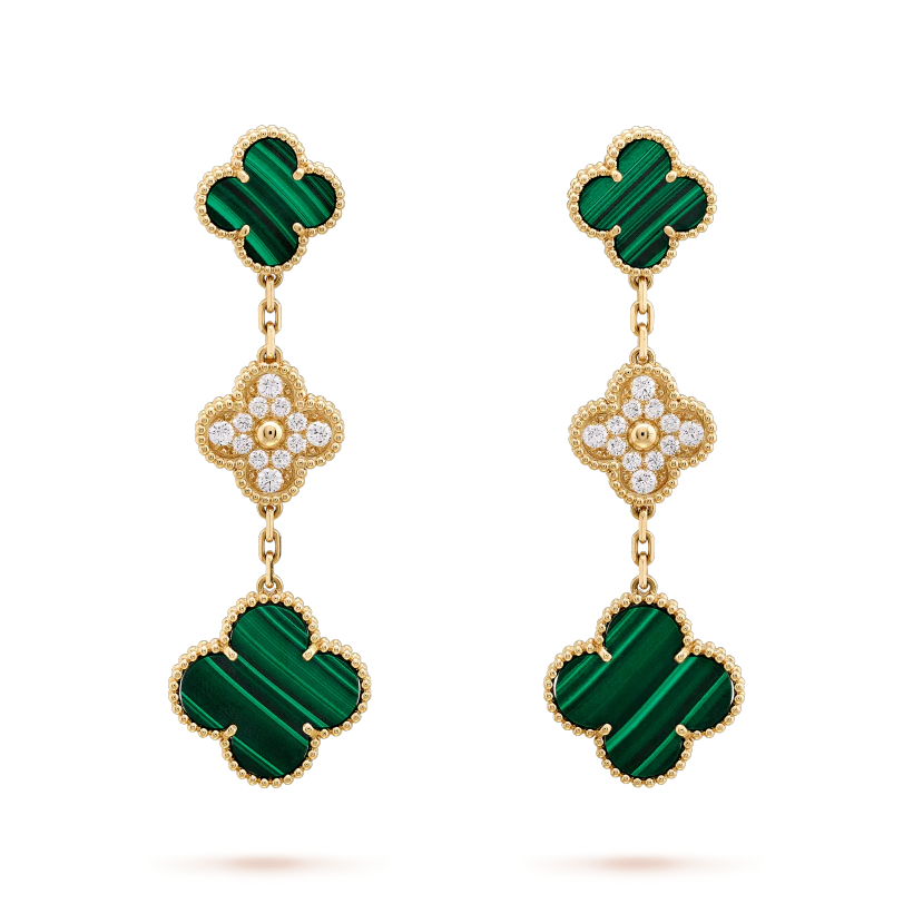 [Basjewels]CLOVER EARRINGS GOLD MALACHITE DIAMOND 3 MOTIF