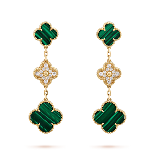 [Basjewels]CLOVER EARRINGS GOLD MALACHITE DIAMOND 3 MOTIF