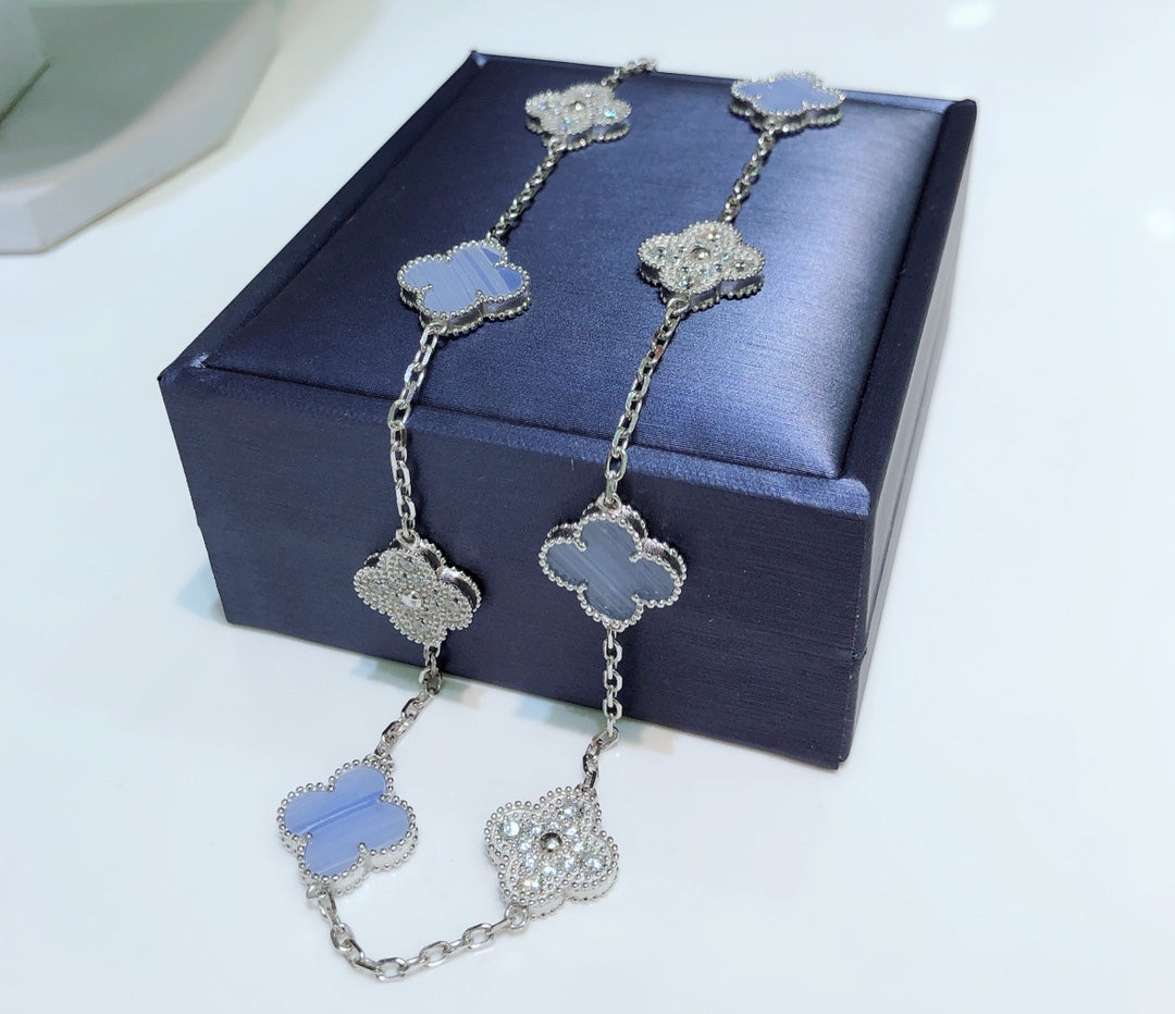 [Basjewels]CLOVER 10 MOTIFS CHALCEDONY DIAMONDS SILVER NECKLACE