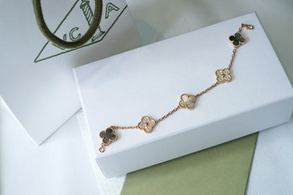 [Basjewels]CLOVER 5 MOTIFS DARK MOP AND DIAMONDS PINK GOLD BRACELET