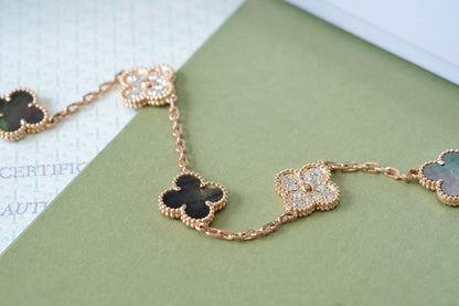 [Basjewels]CLOVER 5 MOTIFS DARK MOP AND DIAMONDS PINK GOLD BRACELET