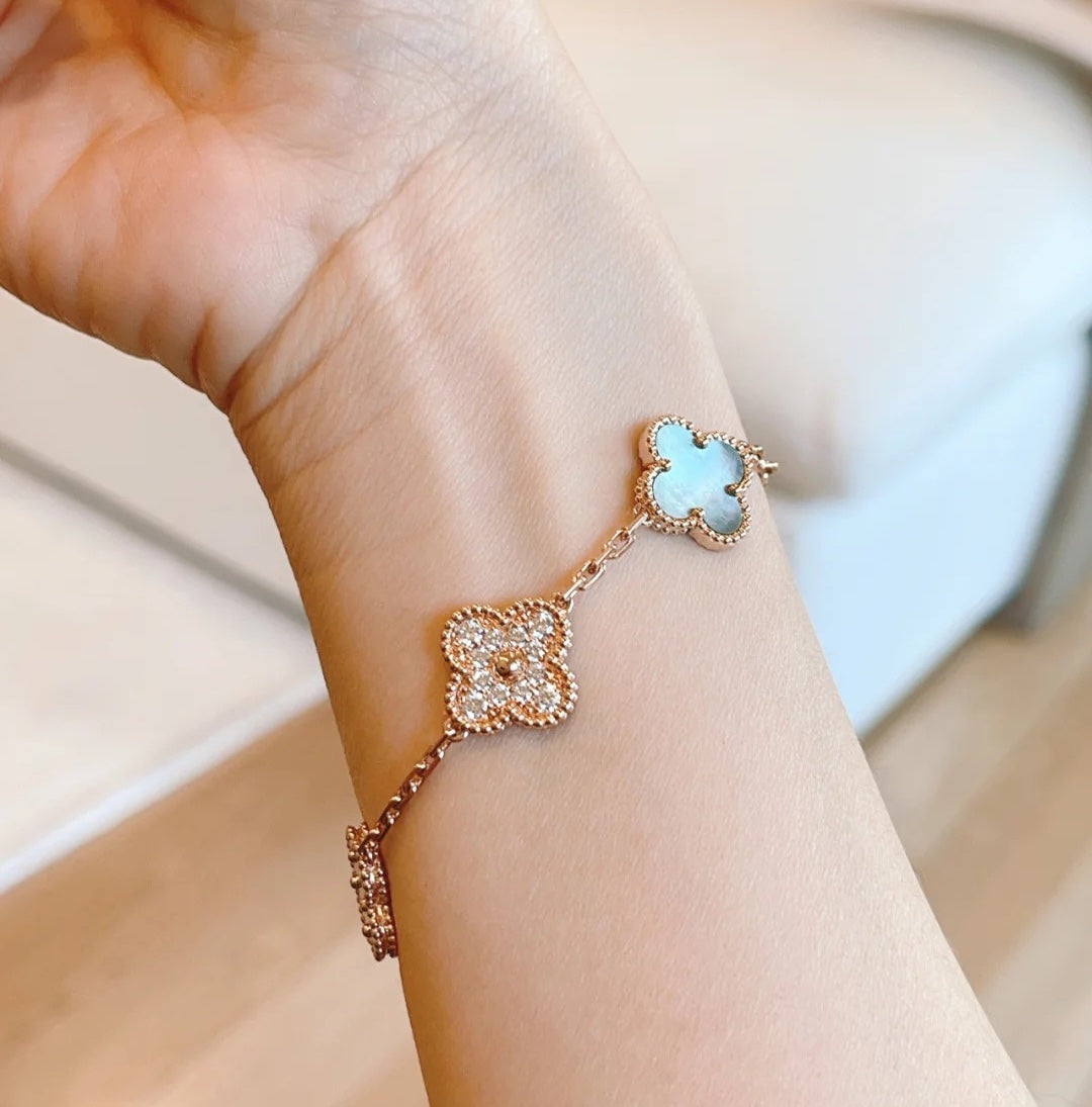 [baslovejewels]CLOVER 5 MOTIFS DARK MOP AND DIAMONDS PINK GOLD BRACELET