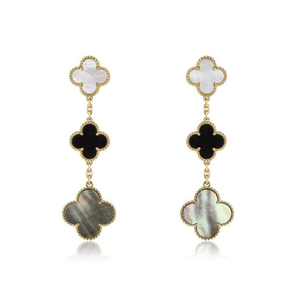 [Basjewels]CLOVER EARRINGS GOLD ONYX MOP 3 MOTIF