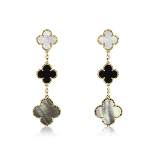 [Basjewels]CLOVER EARRINGS GOLD ONYX MOP 3 MOTIF