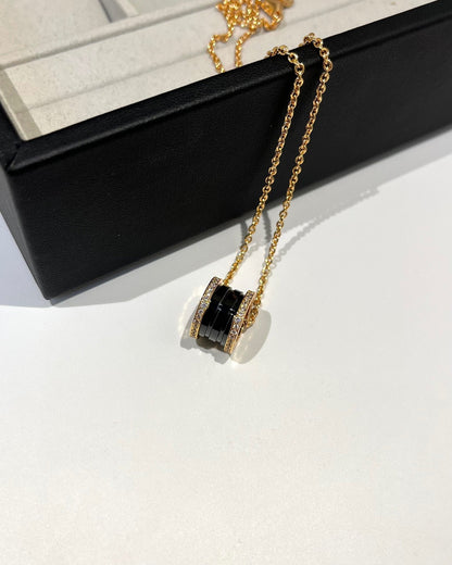 [Basjewels]ZERO 1 BLACK CERAMIC DIAMOND PINK GOLD NECKLACE